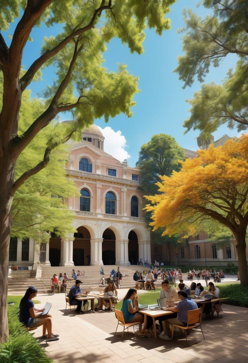 A vibrant campus scene showcasing students engaging in various activities: studying under trees, collaborating in outdoor study groups, using tech tools on laptops, and attending workshops. Include iconic university architecture in the background, colorful flowers and greenery, and a bright blue sky to convey a lively atmosphere. super-realistic. vibrant colors. dynamic composition.