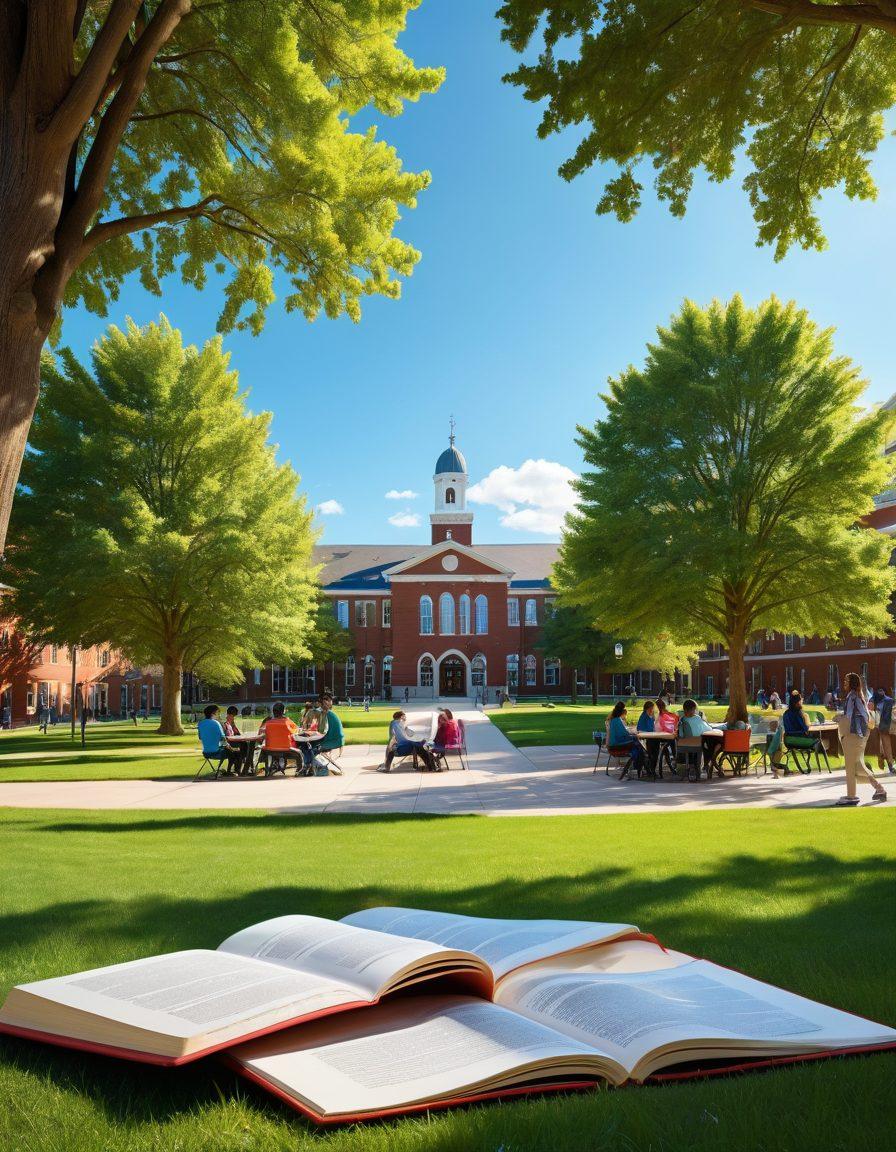 A vibrant and welcoming university campus scene showcasing diverse students studying and collaborating outdoors. Include an open book and laptop symbolizing resources, along with a prominent Rochville University sign. Bright blue skies and green trees enhance the atmosphere of academic success. super-realistic. vibrant colors. 3D.