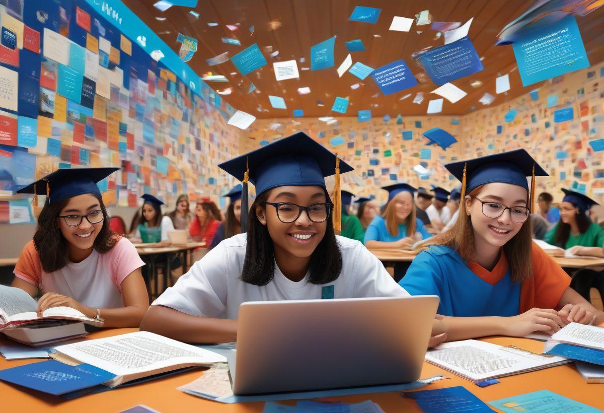 A dynamic collage featuring diverse students engaged in various learning activities, including reading, attending lectures, and collaborating on projects. Incorporate elements representing key updates such as digital screens with notifications and opportunities like scholarships and internships. Use a bright color palette to convey enthusiasm and hope. Include academic symbols like books, laptops, and graduation caps. super-realistic. vibrant colors. 3D.